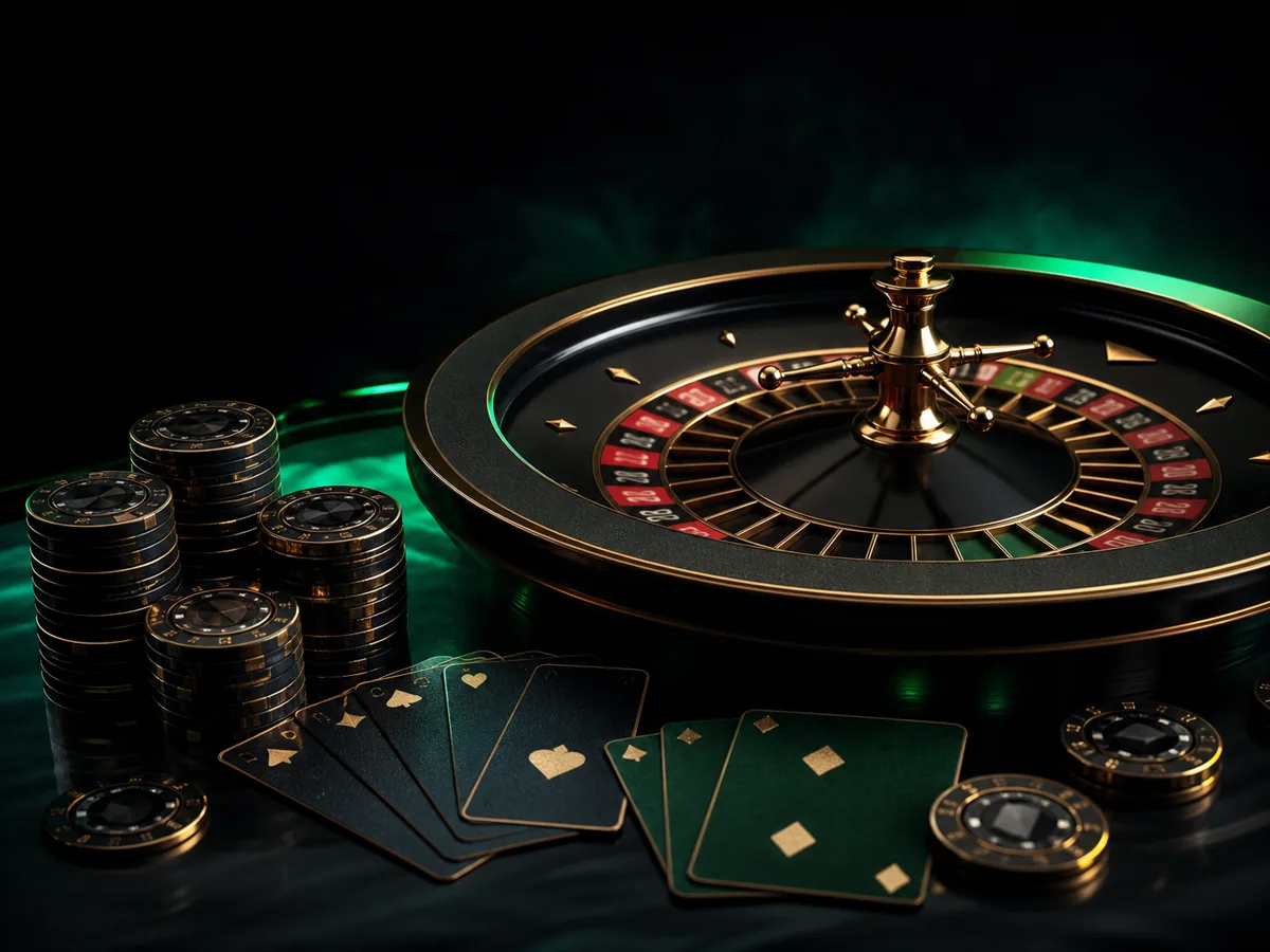 Bàn roulette, bài và chip casino