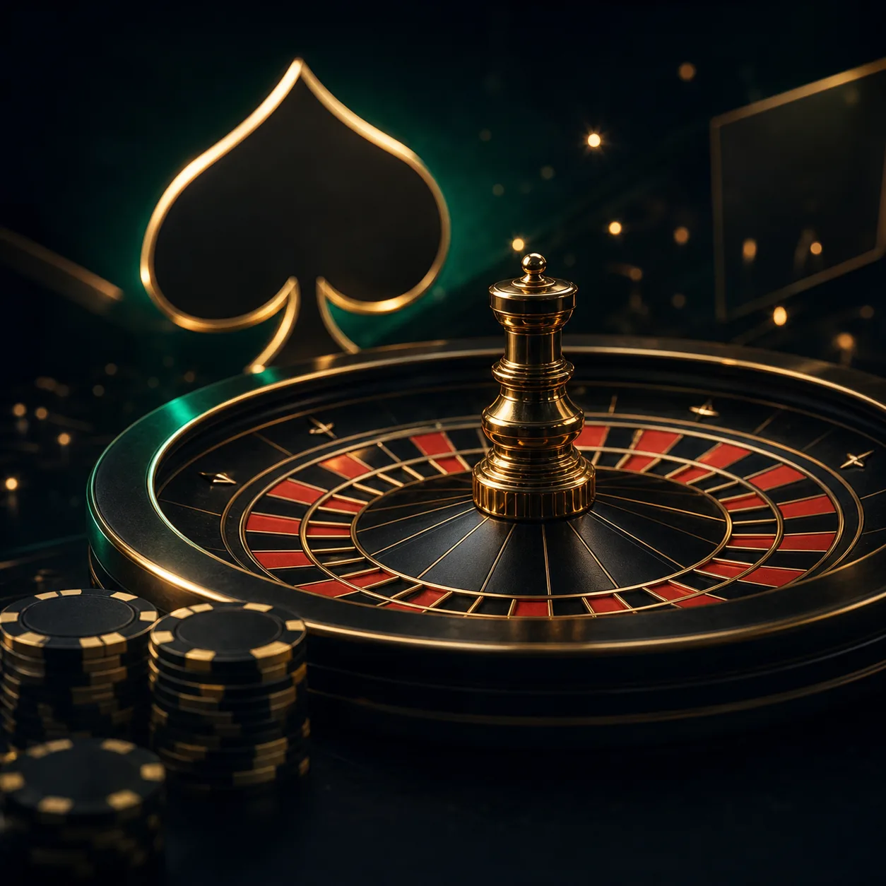 Bàn roulette và chip casino phong cách đen vàng